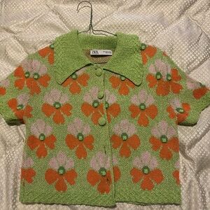 Zara Green and Orange Floral Button Down Shirt